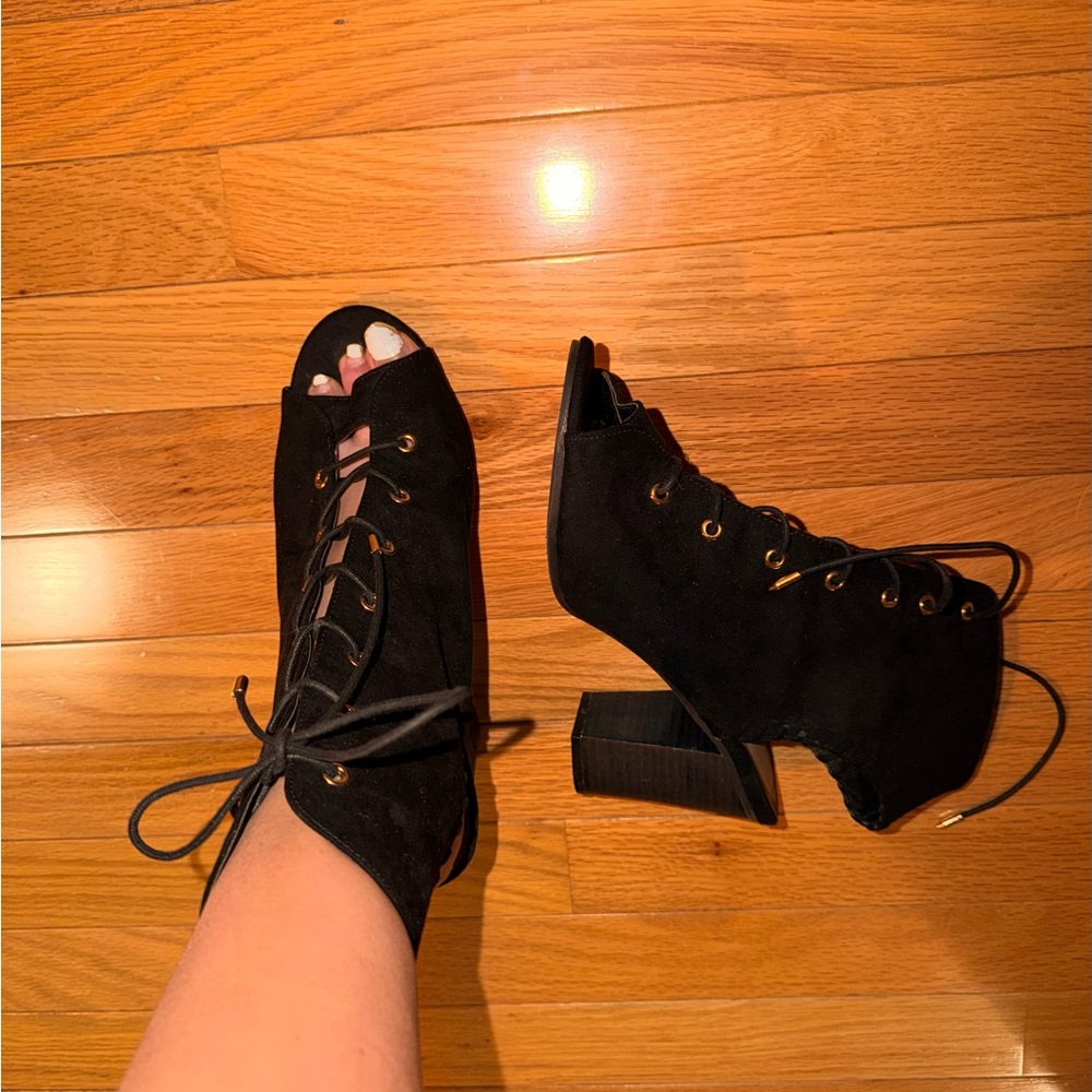 Wild Diva Lounge black suede lace-up open-toe booties Size 10 #sexy  #baddie